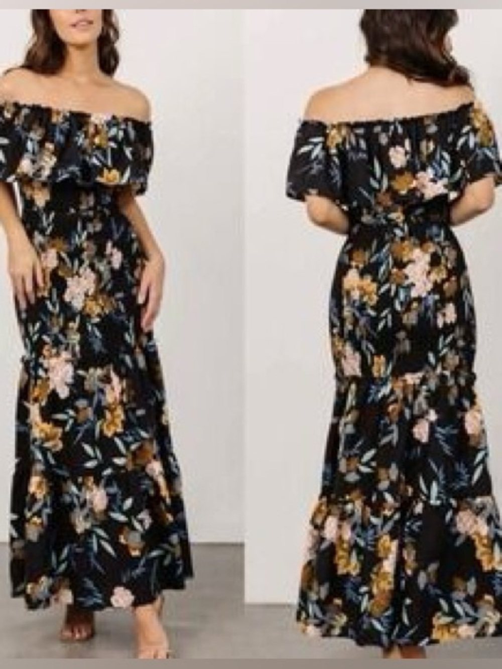 Off-Shoulder Black Floral Maxi Dress